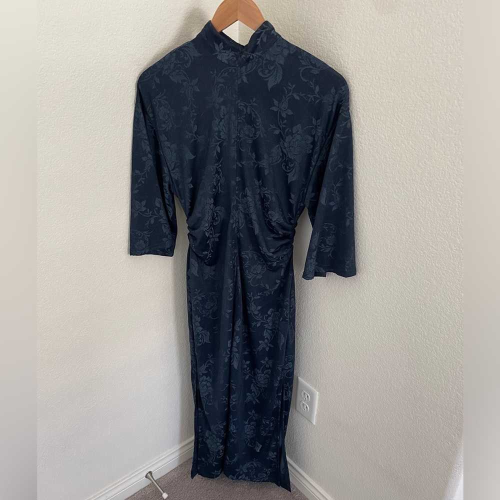 NWT Zara jacquard navy blue floral midi dress high neck size S